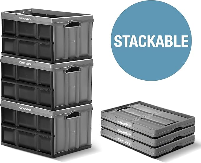 CleverMade Collapsible Storage Bins 46L (3-Pack) – Heavy Duty Collapsible Plastic Storage Bins, Stackable Folding Storage Bins for Car, Garage, Home Organization - Foldable Bins, Stone