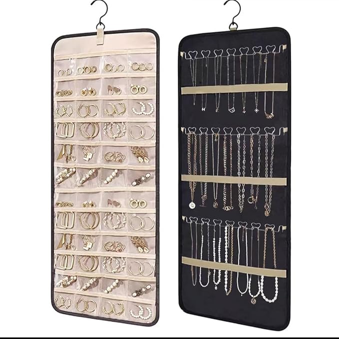 Hanging Jewelry Organizer Storage Roll with Hanger Metal Hooks Double-Sided Jewelry Holder for Earrings, Necklaces, Rings on Closet, Wall, Door, 1 piece, Extra Large, Black