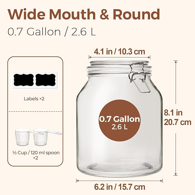 ComSaf 2 Pack 0.7 Gallon (88 Oz) Large Glass Jars with Airtight Lids, Wide Mouth Fermenting Jar for Pantry, Bulk Food Storage Canister for Flour, Sourdough Starter, Pickling, with Scoop