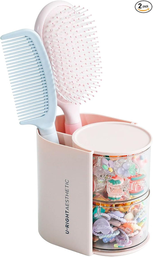 FABROK 2-Layer Clear Hair Accessories Organizer with Hair Brushes Holder, Rotatable Small Jewelry Box for Necklaces、Earring, Desktop Organizer Case for Hair Accessories, Cotton Swab(Pink)