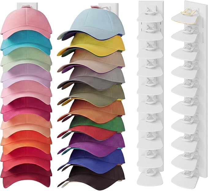 YOUDENOVA Hat Organizer for Baseball Caps, 2 Pack Hat Rack for Wall Hold up to 40 Hats, Adhesive Hat Storage Display for Wall and Closet Doors, White
