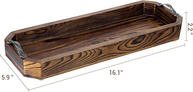 MyGift Wooden Vanity Tray, Rustic Burnt Solid Wood Toilet Tank Tray - Decorative Octagonal Cosmetic Organizer with Antique Metal Handles
