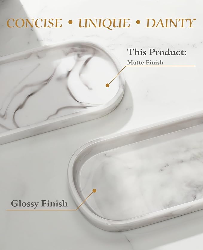 Emibele Oval Vanity Tray, 10" Bathroom Countertop Organizer Tray, Kitchen Sink Sponge Holder Soap Dispenser Resin Marble Tray for Perfume Jewelry Candle, Small, White Marble
