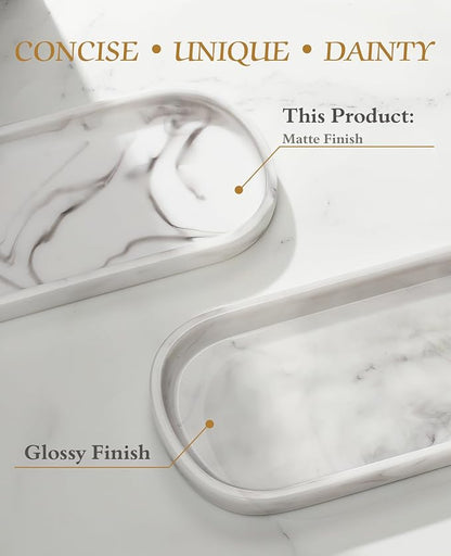 Emibele Oval Vanity Tray, 10" Bathroom Countertop Organizer Tray, Kitchen Sink Sponge Holder Soap Dispenser Resin Marble Tray for Perfume Jewelry Candle, Small, White Marble