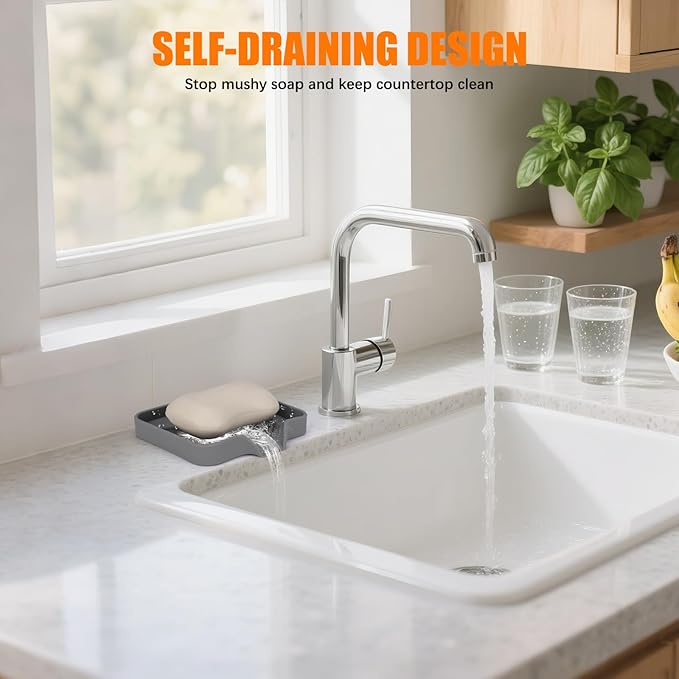 Silicone Soap Dish for Shower with Self Draining, 2 Pack Soap Holder for Bathroom, Silicone Sponge Holder for Kitchen Sink, Soap Tray for Dispenser, Scrubber, Bottle, 4.7"×3.9", Gray