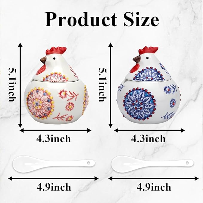 AKAZA 2 Pcs Ceramic Salt Cellar with Lid and Spoon, 13oz Chicken Decor Salt Holder, Airtight Salt Containers For Countertop, Food Storage Canisters for Spices Sugar, Red & Blue (RED+BLUE)