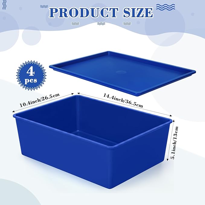 Menkxi 4 Pcs Storage Bins with Lids Plastic Stackable Containers for Organizing Shelves Christmas Ornament Box Baskets(Dark Blue, Light Blue,Large)