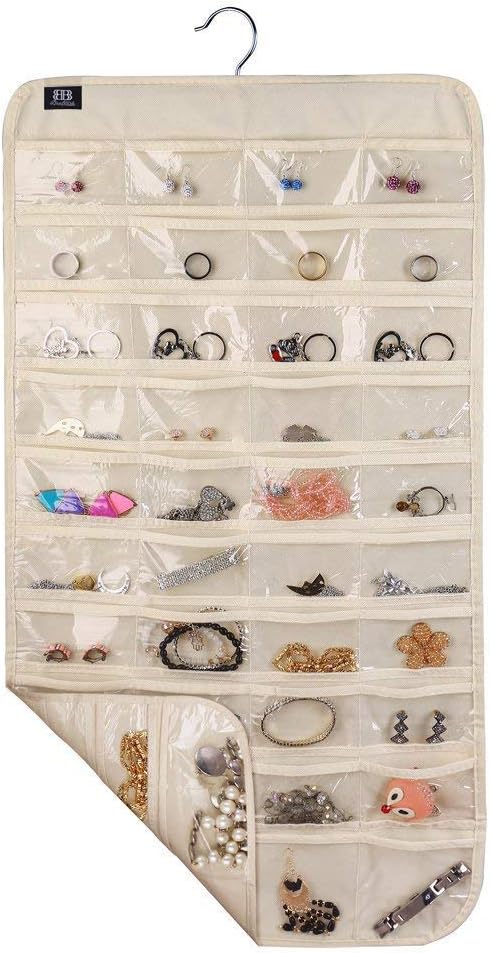 BB Brotrade Hanging Jewelry Organizer,Double Sided Jewelry Storage Organizer with Embossed Pattern,80 Clear PVC Pockets Organizer for Holding Jewelries