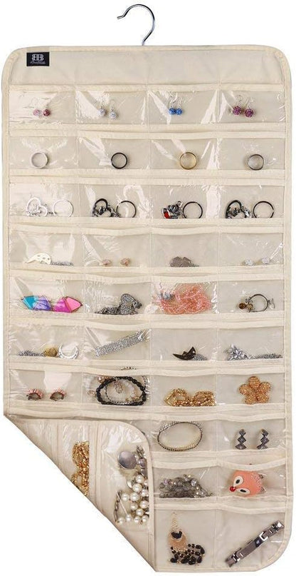 BB Brotrade Hanging Jewelry Organizer,Double Sided Jewelry Storage Organizer with Embossed Pattern,80 Clear PVC Pockets Organizer for Holding Jewelries