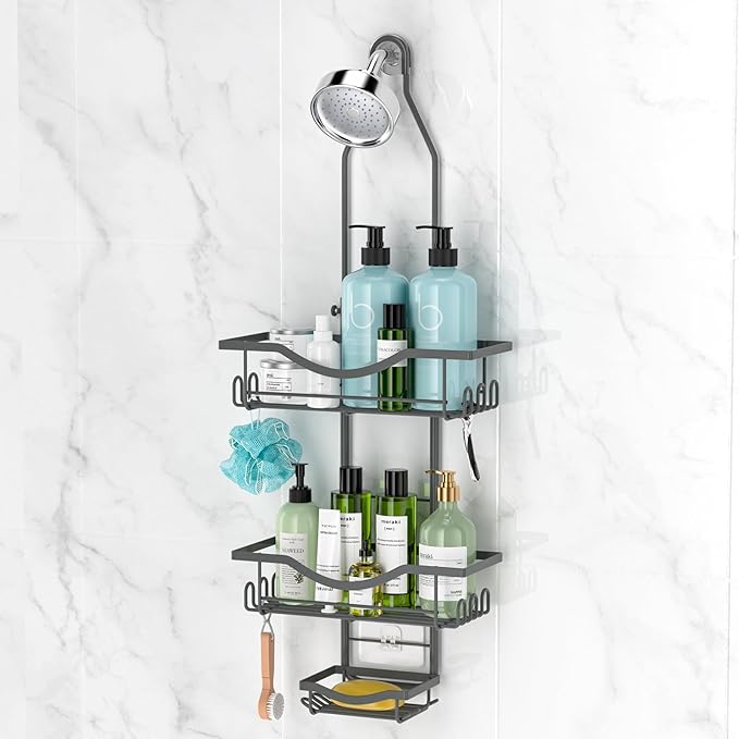 REINHARDT Shower Caddy Hanging Adjustable, Extended Length Rustproof Shower Caddy Over Shower Head with Hooks Soap Holder, Large Capacity Shower Organizer Anti-Swing Bathroom Organizer, Grey