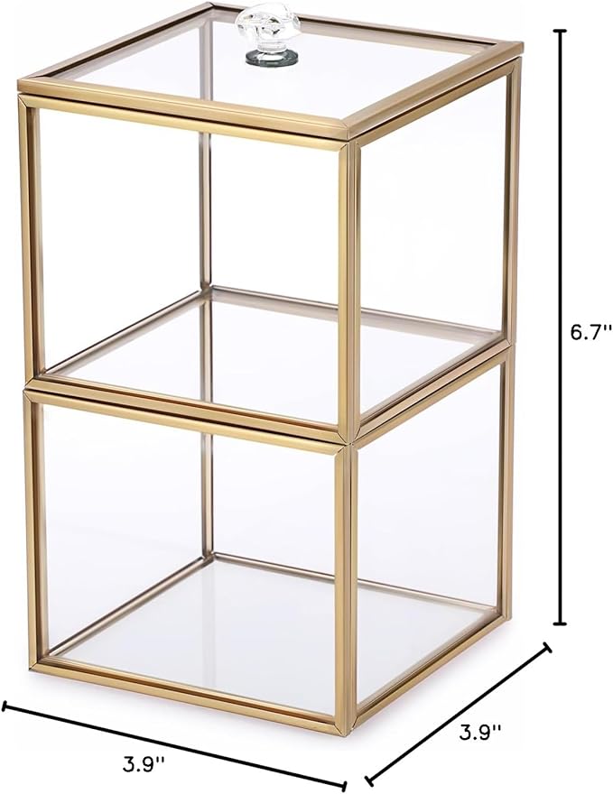 Hipiwe Glass Qtip Holder Dispenser with Lid 2-Tier Stackable Bathroom Containers Cotton Ball & Swab Holder Vanity Organizer Jars Gold for Makeup Pads