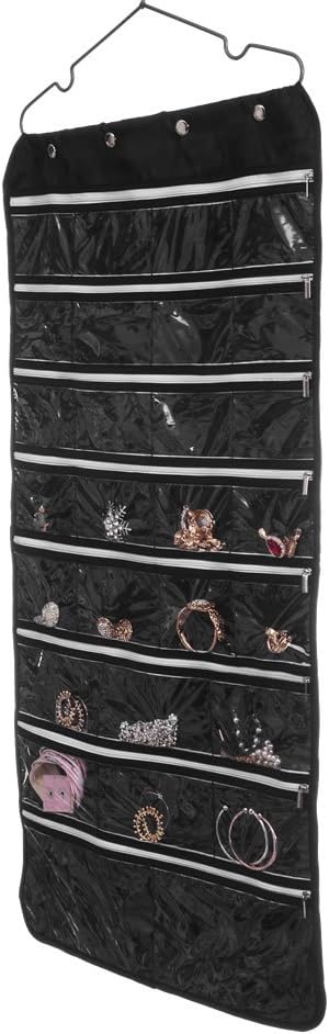 56 Pockets Large Zippered Dual Sided Jewelry Hanging Organizer Necklace Earrings Bracelets Rings Accessories Storage Bag Wall Mounted Door Cabinet Hanger Holder Clear Pouch Display Foldable