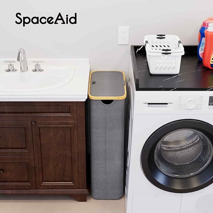 SpaceAid Slim Laundry Hamper with Lid, 65L Narrow Clothes Basket Bin with Bamboo Handles, Skinny Tall Collapsible Hamper for Bedroom, Bathroom, Dorm, Laundry Room - Grey