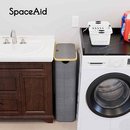 SpaceAid Slim Laundry Hamper with Lid, 65L Narrow Clothes Basket Bin with Bamboo Handles, Skinny Tall Collapsible Hamper for Bedroom, Bathroom, Dorm, Laundry Room - Grey