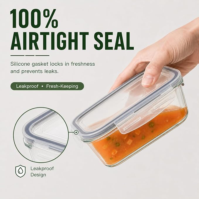 5 Pack 36oz Borosilicate Glass Food Storage Containers Set with Lids, Freezer Meal Prep Containers, Airtight Bento Lunch Container Set, Oven, Freezer and Dishwasher Safe, BPA Free, Kitchen Storage Set