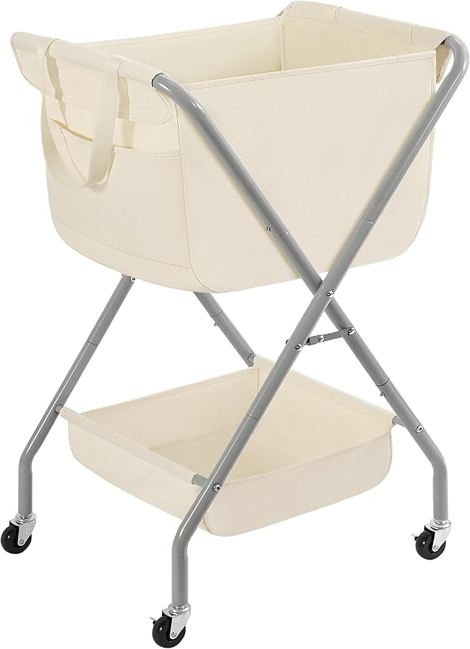 STORAGE MANIAC Collapsible Laundry Cart with Wheels 35.6"H Removable Canvas Bag Rolling Laundry Hamper Clothes Basket with Wheels, Sturdy Steel Frame Folding for Small Narrow Space Easy Storage, Beige