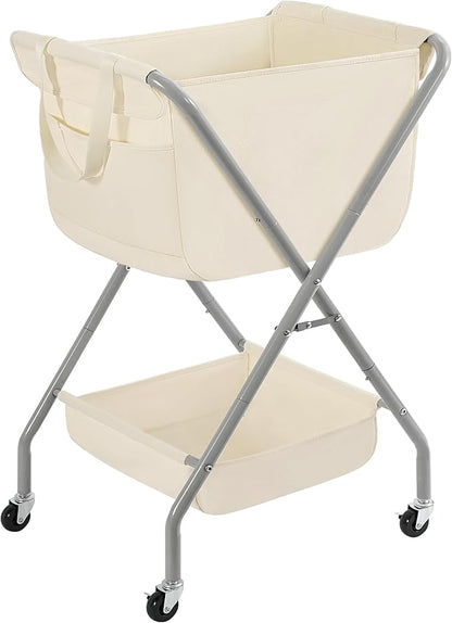 STORAGE MANIAC Collapsible Laundry Cart with Wheels 35.6"H Removable Canvas Bag Rolling Laundry Hamper Clothes Basket with Wheels, Sturdy Steel Frame Folding for Small Narrow Space Easy Storage, Beige