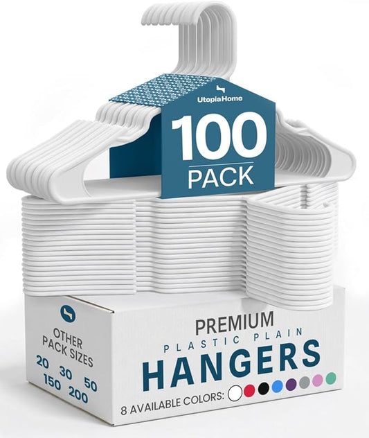 Utopia Home - Plastic Hangers 100 Pack - Space Saving Clothes Hanger - Durable and Strong Closet Organizers and Storage Makes It Ideal Stocking Stuffers or Apartment or Dorm Room Essentials (White)