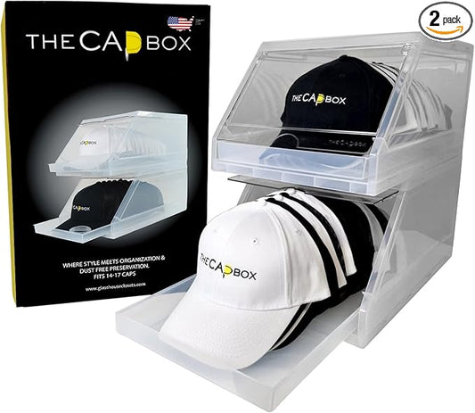 The CapBox 2.0 (2 Pack Clear) Hat Organizer for Baseball Caps, Stackable Sliding Tray Hat Rack & Hat Holder Hat Hanger Cap Storage Container 2 Yr. Warranty Anti Tilting & Tray Stopper (Clear)
