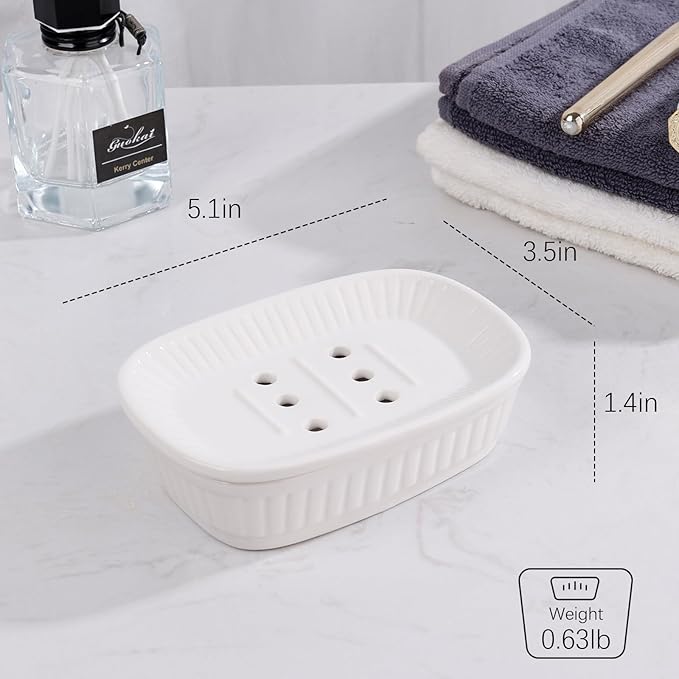 ANTIS'S HOME Ceramic Soap Dish, Self-draining Soap Holder, Double Layer Bar Soap Holder, White Draining Soap Dishes for Bathroom Shower Kitchen, Minimalist Vintage Style, Keep Soap Dry