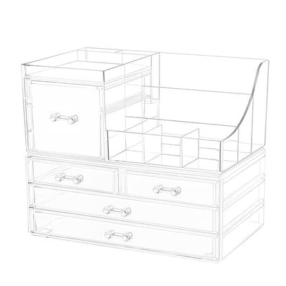 Cq acrylic 2 Pack Clear Make up Organizer Countertop,Stackable 5 Drawers Makeup Storage,Cute Vanity Organizers for dresser Hair Clip,Jewelry,Beauty Product Desk and Bathroom Organizers and Storage
