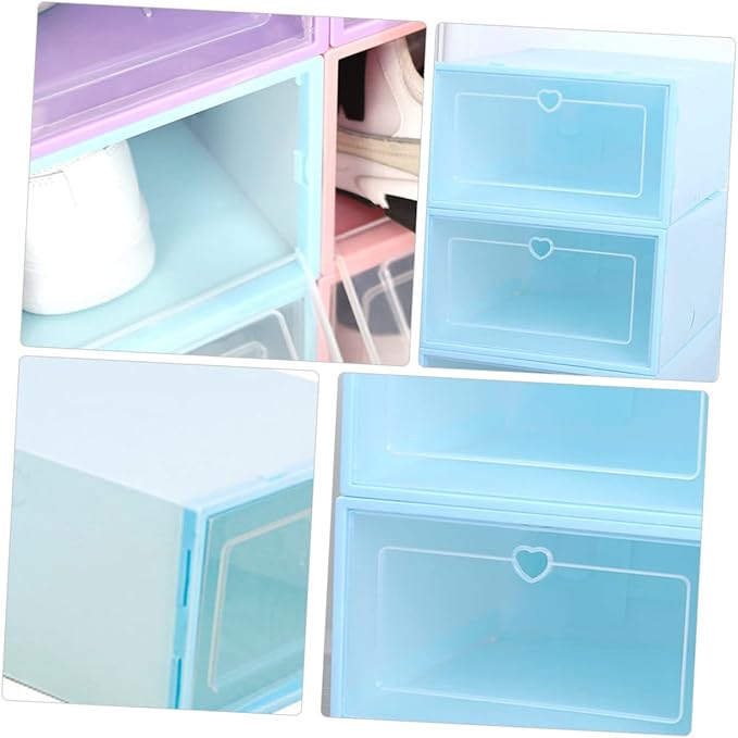 6pcs Transparent Clamshell Shoe Storage Box Capacity Organizer for Easy Access Plastic Design for Sneakers and Seasonal Footwear Heart Blue Color