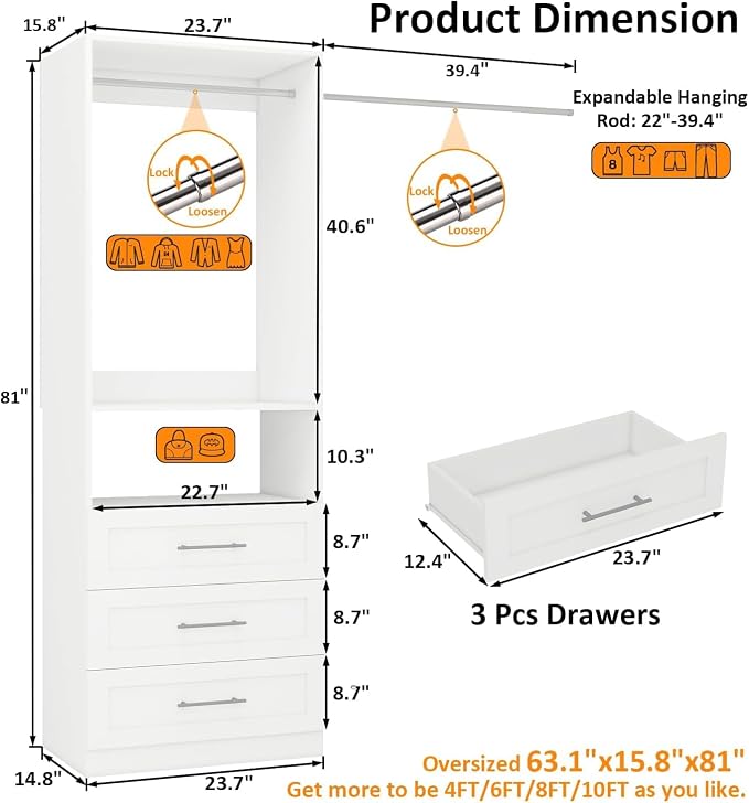 Closet Organizer System with Drawers, Shelves, Hanging Rods(VO-009)