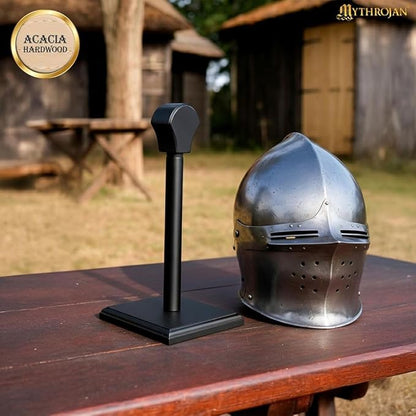 Mythrojan Wooden Helmet Stand Solid Medieval Roman Viking Helmet Display Stand Mask Display Templar Spartan Cosplay Larp Knight Stand Black