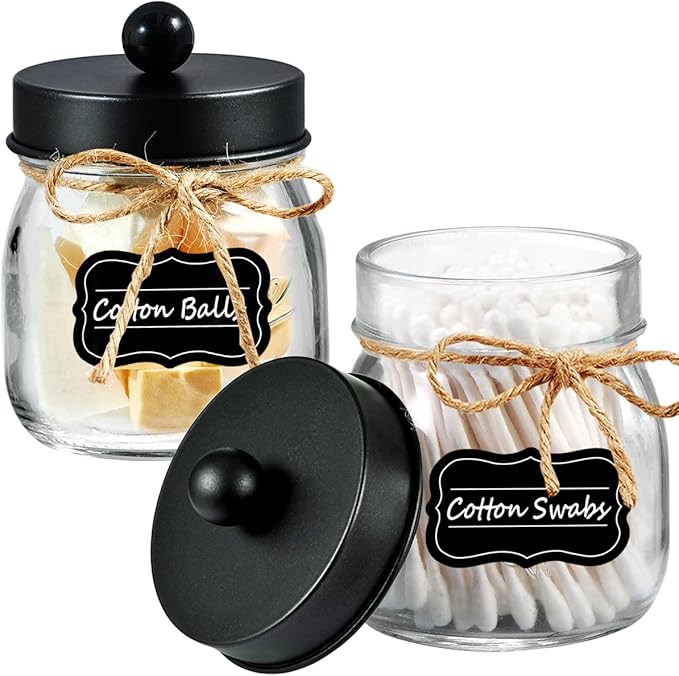 Amolliar Mason Jar Bathroom Vanity Organizer - Farmhouse Decor Qtip Dispenser Holder Canister Glass - 8oz Mason Jars &Stainless Steel Lids for Q-tips,Cotton Swabs,Rounds,Bath Salts,Ball/Black,2-Pack
