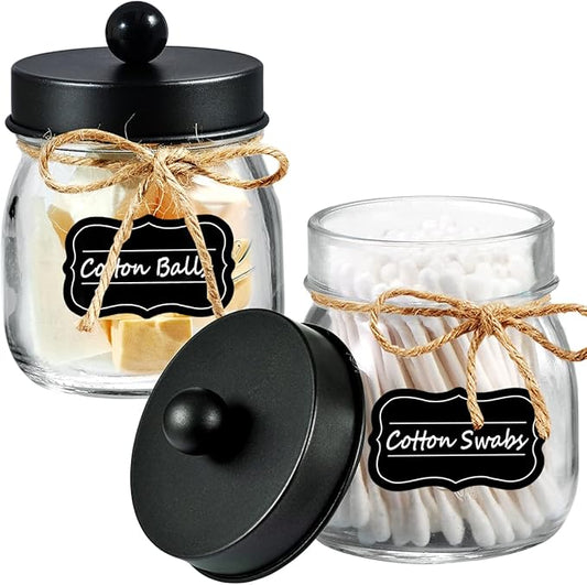 Amolliar Mason Jar Bathroom Vanity Organizer - Farmhouse Decor Qtip Dispenser Holder Canister Glass - 8oz Mason Jars &Stainless Steel Lids for Q-tips,Cotton Swabs,Rounds,Bath Salts,Ball/Black,2-Pack