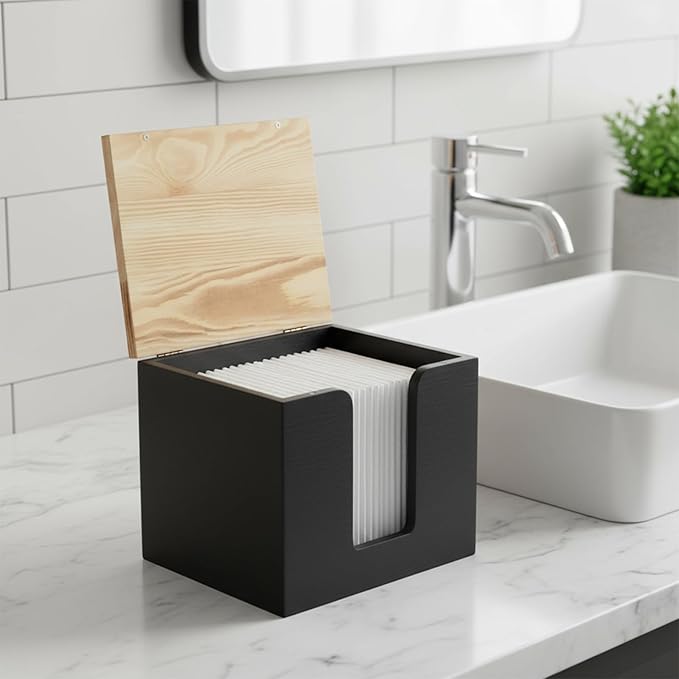 Disposable Face Towel Holder,Acrylic Facial Towel Holder Box with Wooden Lid,Square Face Towels Container,Clean Skin Club Fac e Towels Holder,for Bathroom Countertop,Vanity Makeup（Black）