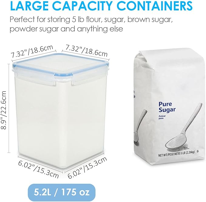 Vtopmart Large Food Storage Containers 5.2L / 175oz, 4 Pieces BPA Free Plastic Airtight Canisters for Flour, Sugar, Baking Supplies, Rice with Lids, 4 Measuring Cups and 24 Labels, Blue (Pack of 2)