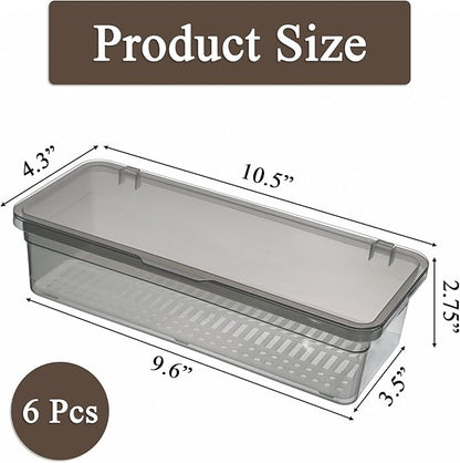 Elsjoy 6 Pack Flatware Trays with Lid and Drainer, Plastic Utensil Holder for Kitchen Counter, Silverware Storage Box Covered Cutlery Container for Home