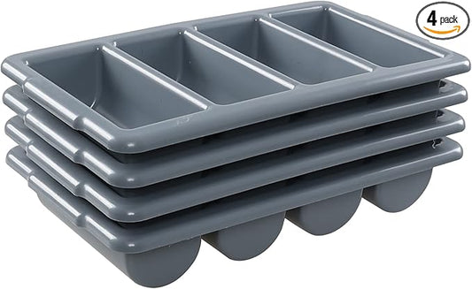 Sandmovie Commercial Plastic 4-Compartment Cutlery Bin, Gray, 4-Pack