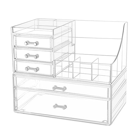 Cq acrylic 2 Pack Clear Make Up Organizers for Vanity,Stackable 5 Drawers Make Up Organizer,Cute Desk Organizer for Vanity Jewelry,Hair Clip,Beauty,Skincare Product Dresser Acrylic Drawer Organizer