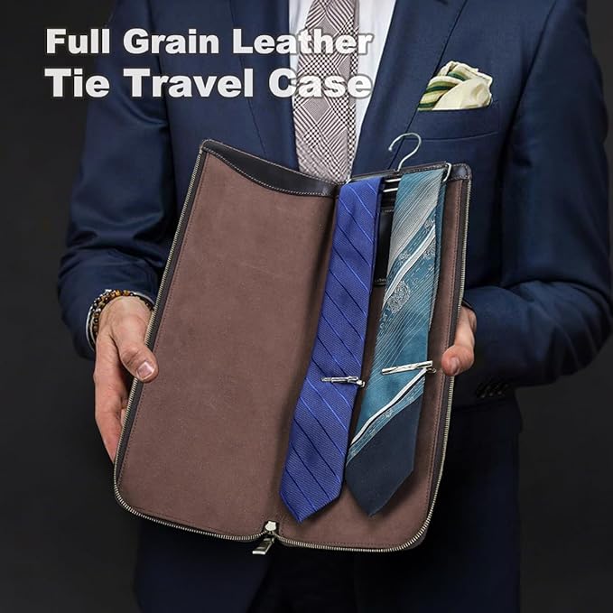 CONTACTS Tie Travel Case with Hanger Full Grain Leather Neckties Organizer with Hook & Jewelry Pocket Tie Storage Bag for 2 Ties by Handmade