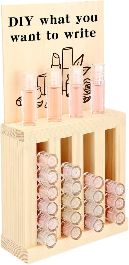 Yalikop 4 Slot Wooden Lipsticks Holder with DIY Wood Cardboard 0.7 Inch Lip Balm Tube Holder Lip Gloss Organizer Display Wood Lipsticks Tube Organizer for Market Craft Booth Room Display