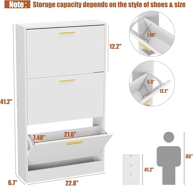 JOZZBY Shoe Cabinet Storage with 3 Flip Drawers for Entryway, White Slim Freestanding Modern Narrow Shoe Organizer Rack Cabinet for Hallway, Living Room