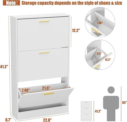 JOZZBY Shoe Cabinet Storage with 3 Flip Drawers for Entryway, White Slim Freestanding Modern Narrow Shoe Organizer Rack Cabinet for Hallway, Living Room