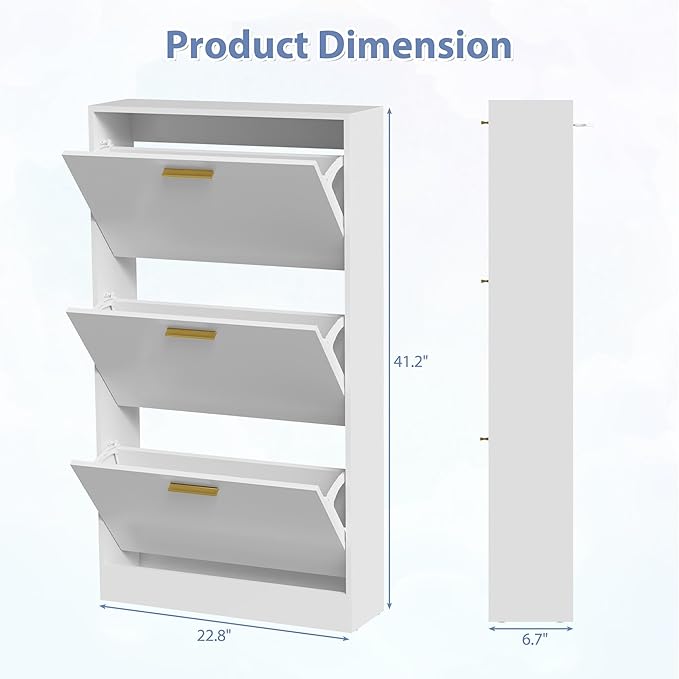 Shoe Cabinet Storage for Entryway, Shoe Cabinet with 3 Flip Drawers, White Modern Shoe Organizer Wood, Freestanding Small Thin Shoe Racks with Doors, White