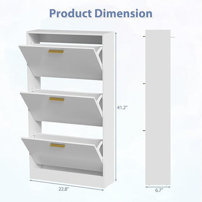 Shoe Cabinet Storage for Entryway, Shoe Cabinet with 3 Flip Drawers, White Modern Shoe Organizer Wood, Freestanding Small Thin Shoe Racks with Doors, White