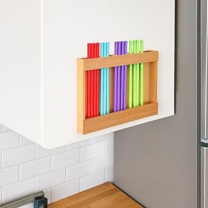 Cabinet Door Straw Holder Wood, with Divider Wooden Organizer for Space-Saving, Easy Install Tape Double-Sided, Ideal and More for Straws Pens Organizing