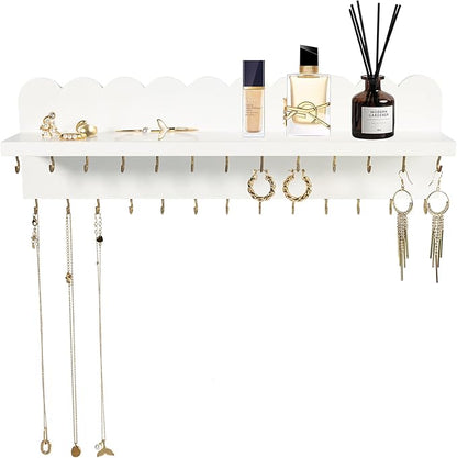 Wall Mount Jewelry Organizer with 26 Hooks and Cosmetics Shelf, Modern Wood Hanging Jewelry Holder for Necklaces, Bracelets, Earrings and Rings, White