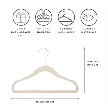 3 Sprouts Velvet Baby Hangers - Non-Slip Hangers for Infant and Toddler Clothes - Slim Space-Saving Design with Nordic Colors for Nursery - 30 Pack - Beige