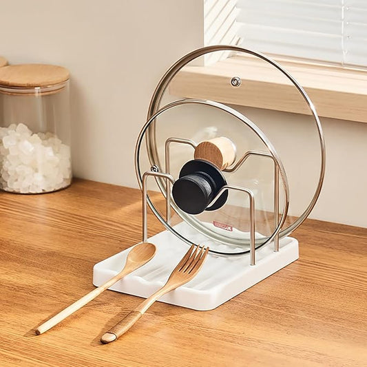 Pot lid Holder And Spoon Rest, 2 Layers Lid And Spoon Rest Pot Lid Organizer With Drip Tray, Multifunction Kitchen Gadget Rack For Cooking (White)