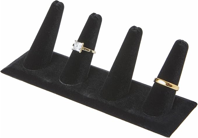 Plymor Black Velvet Ring Finger Display, Four on Rectangular Base, 6" W x 2.125" D x 2.5" H (Pack of 6)