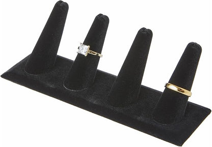 Plymor Black Velvet Ring Finger Display, Four on Rectangular Base, 6" W x 2.125" D x 2.5" H (Pack of 6)