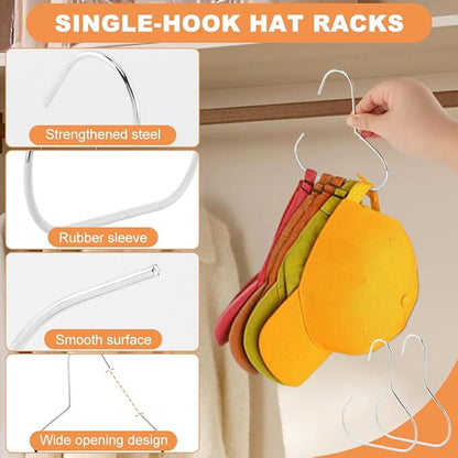 Hat Organizer for Closet, 10-Hook Hanging Hat Organizer with 2pcs Single Hook Hats Racks, Rotatable Space Saving Metal Hats Storage for Baseball Caps, Holds Up to 50 Baseball Caps