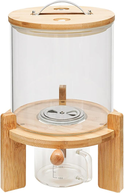 DYNAMI 5L/1.3Gal Glass Rice Dispenser with Airtight Lid,Glass Cereal Dispenser w/Bamboo Stand and Measuring Cup,Bamboo Lid with Thermometer & Silicone Seal Ring,for Kitchen Organization Pantry Store
