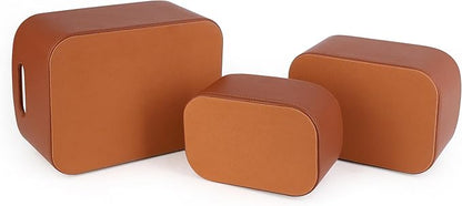 HofferRuffer Faux Leather Storage Baskets Bins with Velvet Lining for Organizing, Storage, Gifts, Set of 3 Nesting Shelf Baskets Decorative Storage Boxes for Home Organization (Brown)